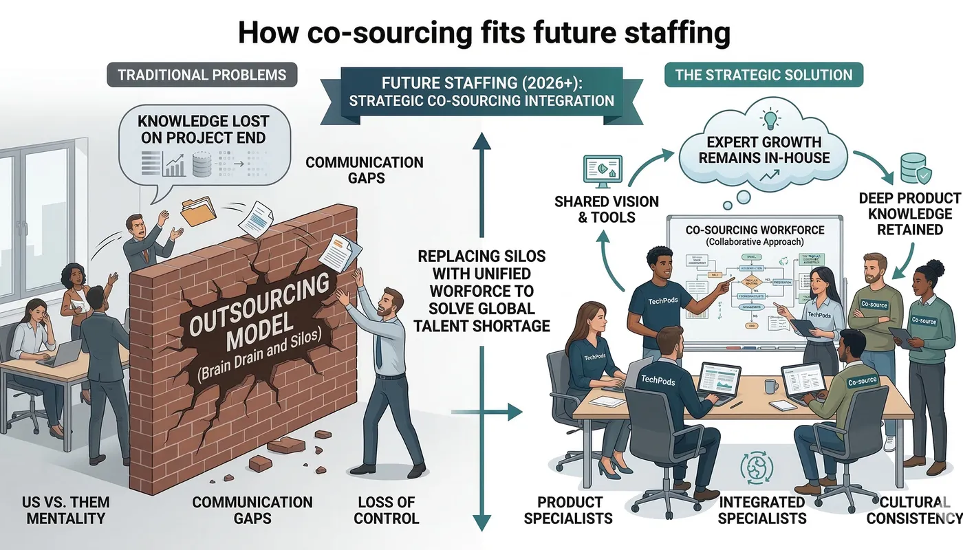 This picture illustrate the difference between Co-Sourcing model and Outsourcing model in tech industry.